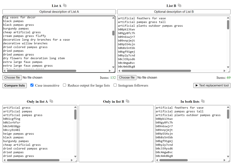 Screenshot of using https://comparetwolists.com